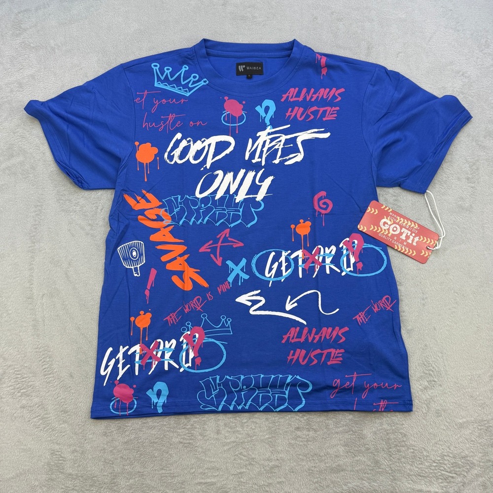 Waimea T‎ Shirt Mens Large Blue Graffiti Good Vibes Only Savage Streetwear Tee